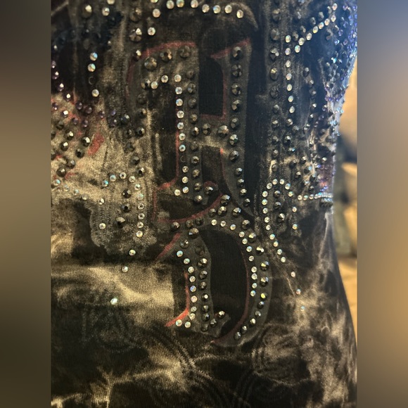 HARLEY-DAVIDSON sexy v neck asymmetrical tank top with sheer panels and bling! - Picture 3 of 8